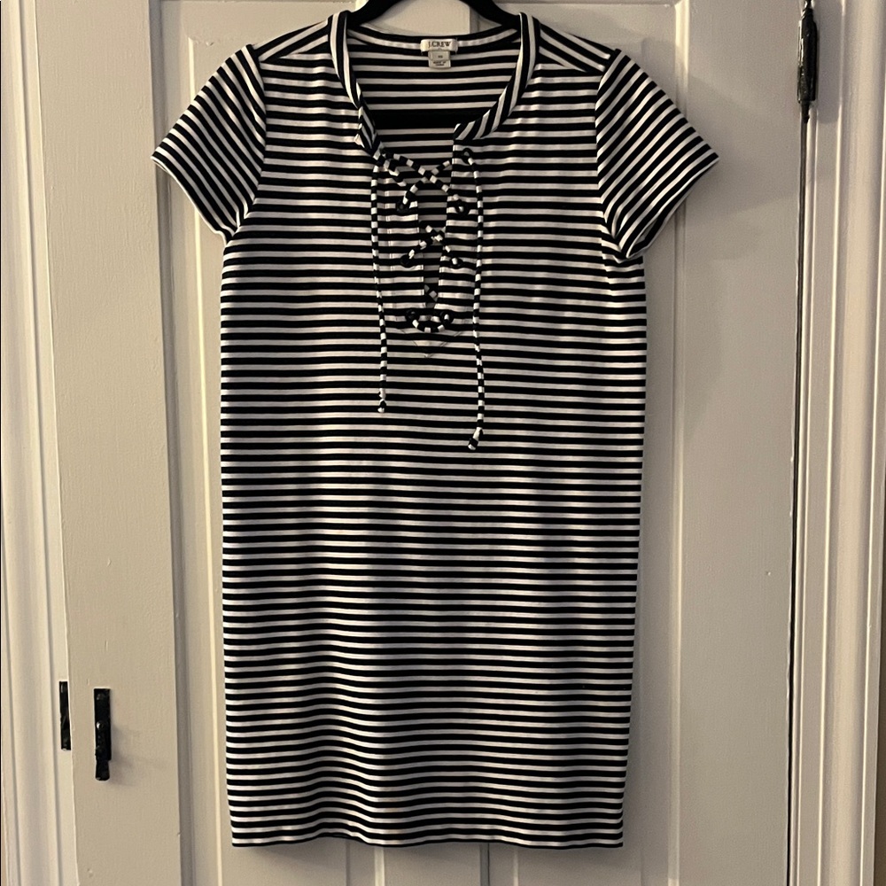 J. Crew Navy and White Striped Lace-Up Shift Dress